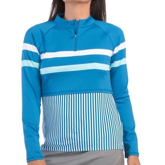 G/FORE Tops - G/FORE Multi Blue Stripe Layered 1/4 Zip Mock Pullover Golf Medium A003820